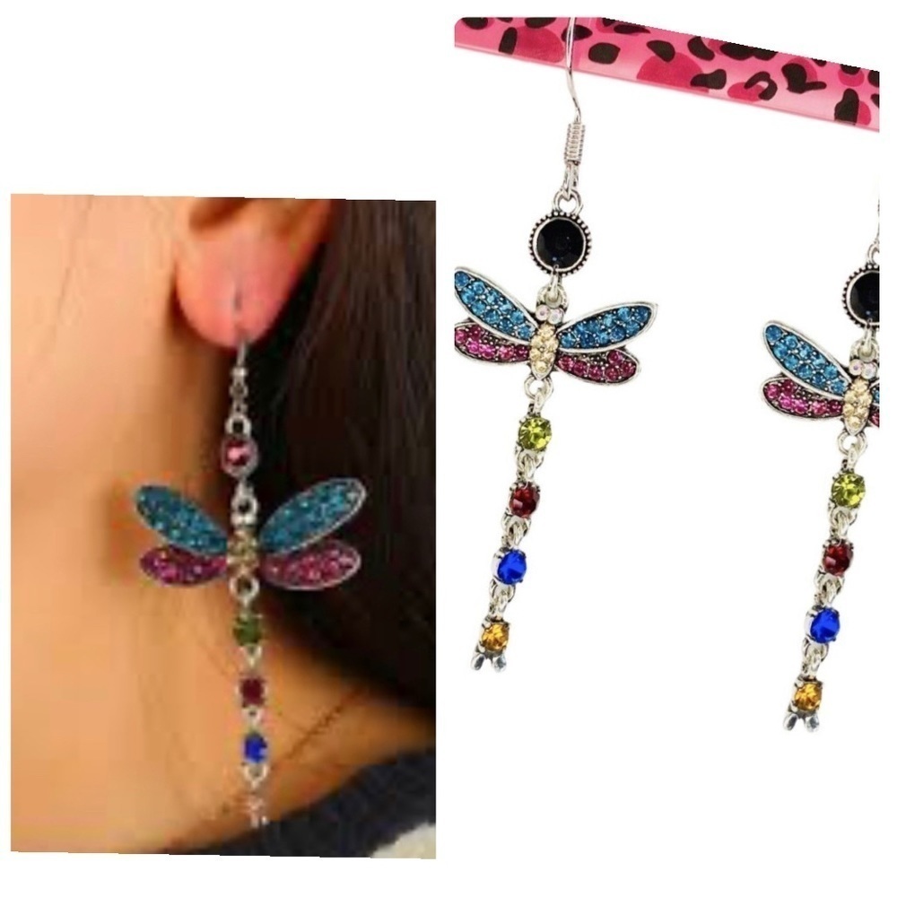 Dragonfly Rhinestone Silver Dangle Earrings